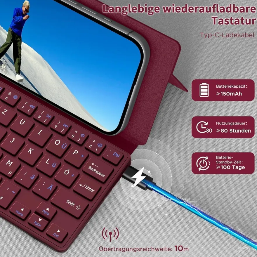CACOE Mini Bluetooth Tastatur mit Ständer, Ultraflache Tragbare Faltbare QWERTZ