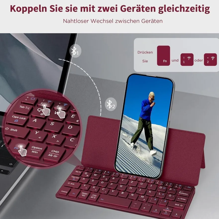 CACOE Mini Bluetooth Tastatur mit Ständer, Ultraflache Tragbare Faltbare QWERTZ
