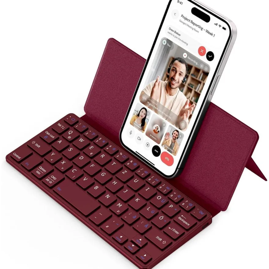 CACOE Mini Bluetooth Tastatur mit Ständer, Ultraflache Tragbare Faltbare QWERTZ