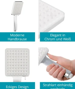 Calmwaters Eckige Handbrause 6 Strahlarten, Hebel-Funktion, Anti-Kalk, Chrom-Weiß