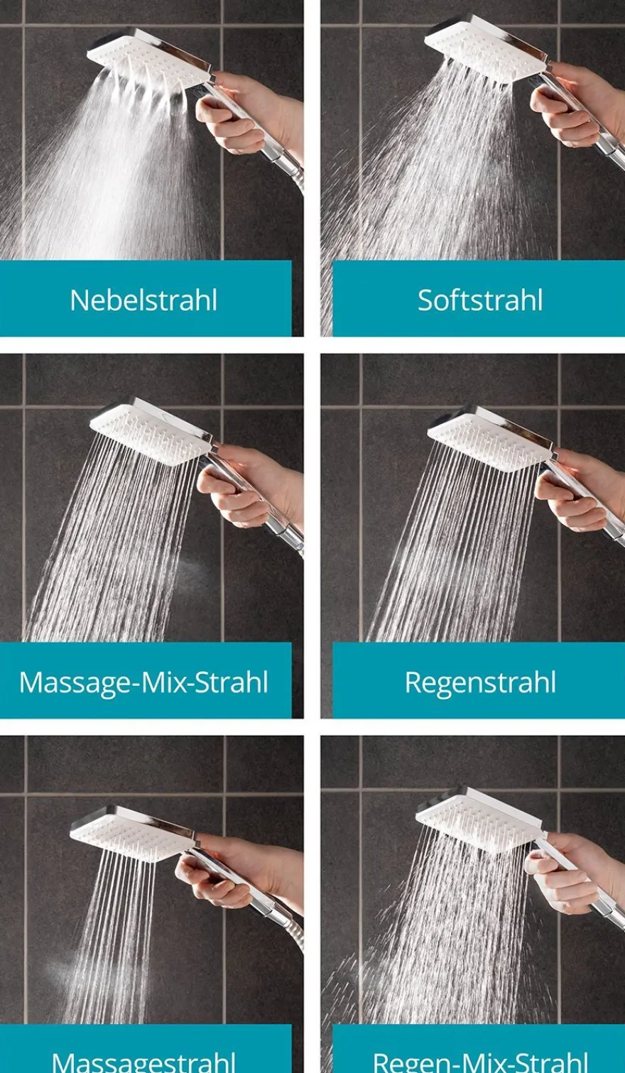 Calmwaters Eckige Handbrause 6 Strahlarten, Hebel-Funktion, Anti-Kalk, Chrom-Weiß