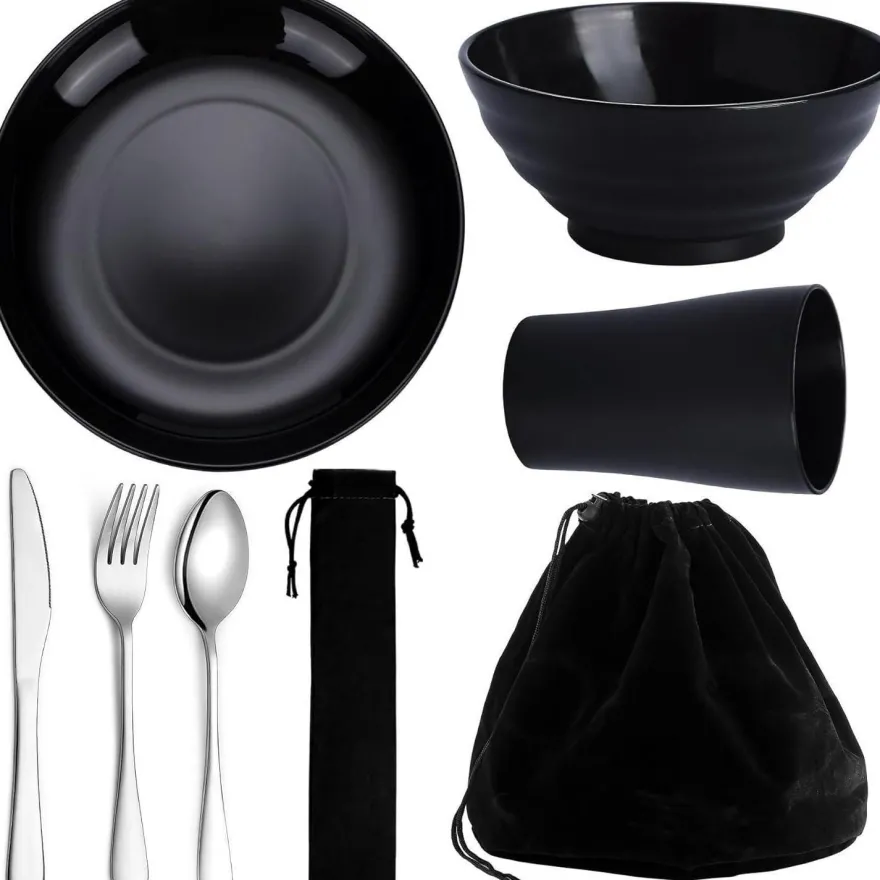 Camping Besteck Set Edelstahlbesteck Teller Becher Schalen spülmaschinenfest