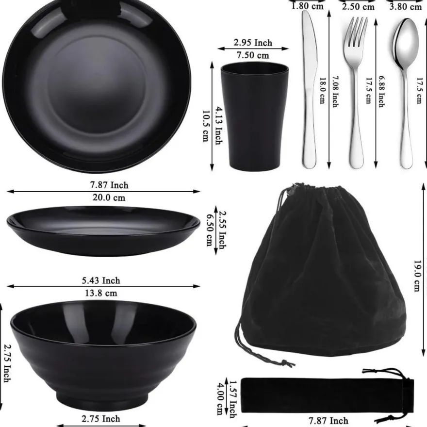 Camping Besteck Set Edelstahlbesteck Teller Becher Schalen spülmaschinenfest