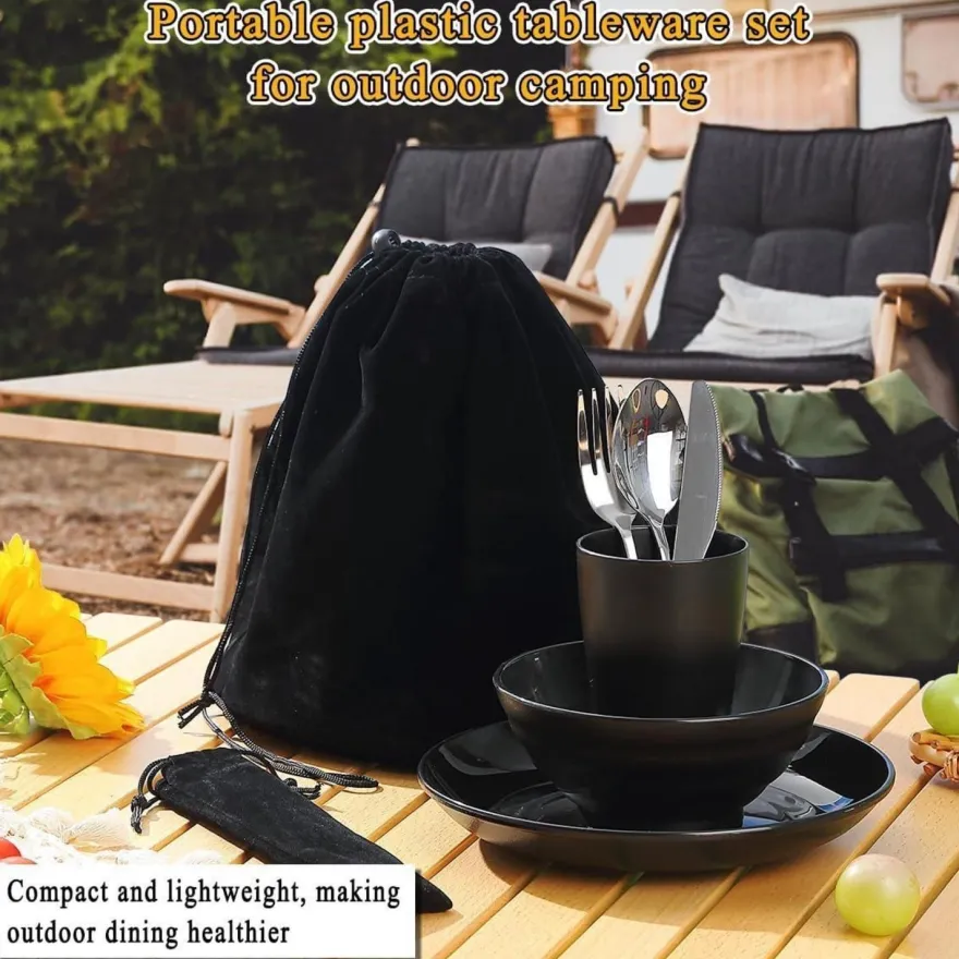 Camping Besteck Set Edelstahlbesteck Teller Becher Schalen spülmaschinenfest