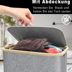 Capocica Schmaler Wäschekorb mit Deckel, 100L, Bambusdeckel, herausnehmbarer