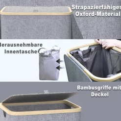 Capocica Schmaler Wäschekorb mit Deckel, 100L, Bambusdeckel, herausnehmbarer