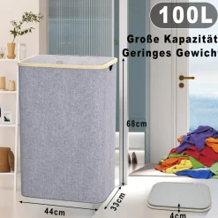 Capocica Schmaler Wäschekorb mit Deckel, 100L, Bambusdeckel, herausnehmbarer