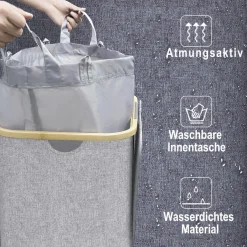Capocica Schmaler Wäschekorb mit Deckel, 100L, Bambusdeckel, herausnehmbarer