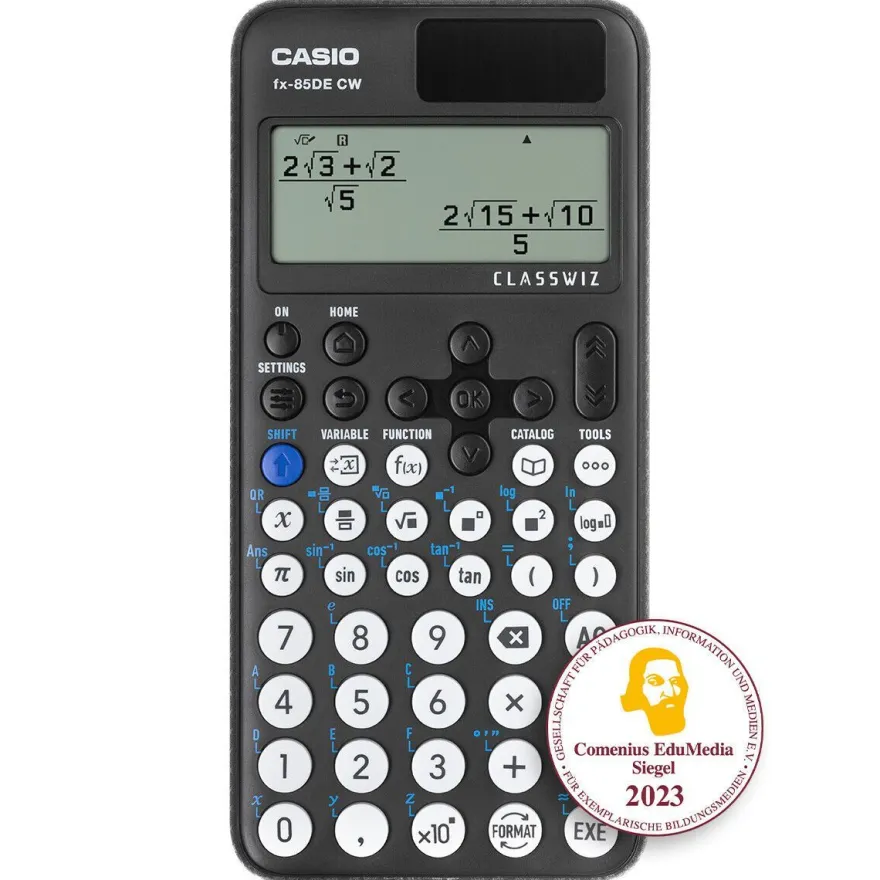 Casio FX-85 DE CW + Jeans-Tasche dunkelblau, Zirkelset blau, chutzfolie, arantie