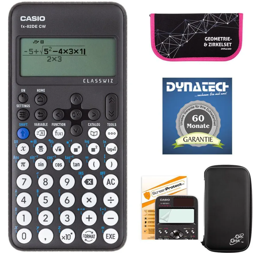 Casio FX-82 DE CW mit Schutztasche, Zirkelset pink, Schutzfolie + Garantie
