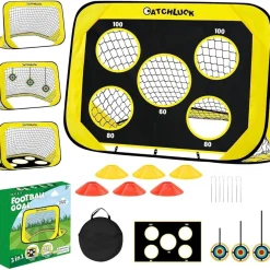 Catchluck Pop Up Fußballtor für Kinder mit 6 Hindernissen und Zielen, Gelb, für