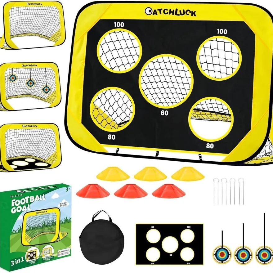 Catchluck Pop Up Fußballtor für Kinder mit 6 Hindernissen und Zielen, Gelb, für