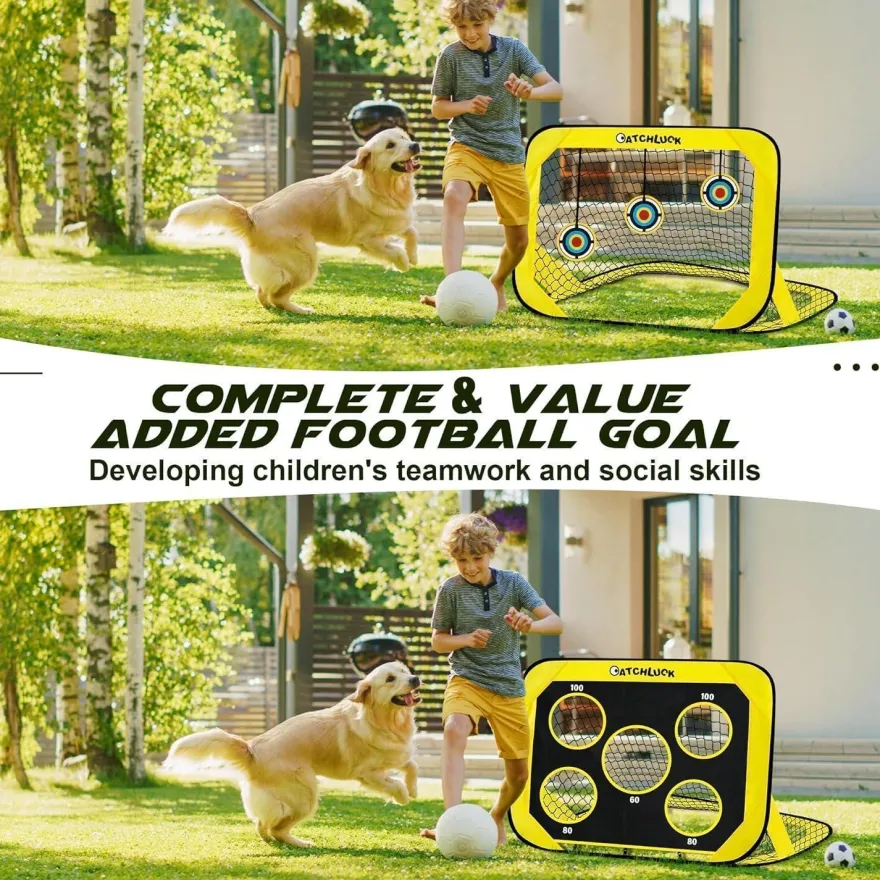 Catchluck Pop Up Fußballtor für Kinder mit 6 Hindernissen und Zielen, Gelb, für