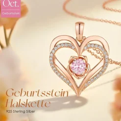 CDE Damen Halskette Rosegold Herz Sterling Silber 925 mit Geburtsstein, Schmuck