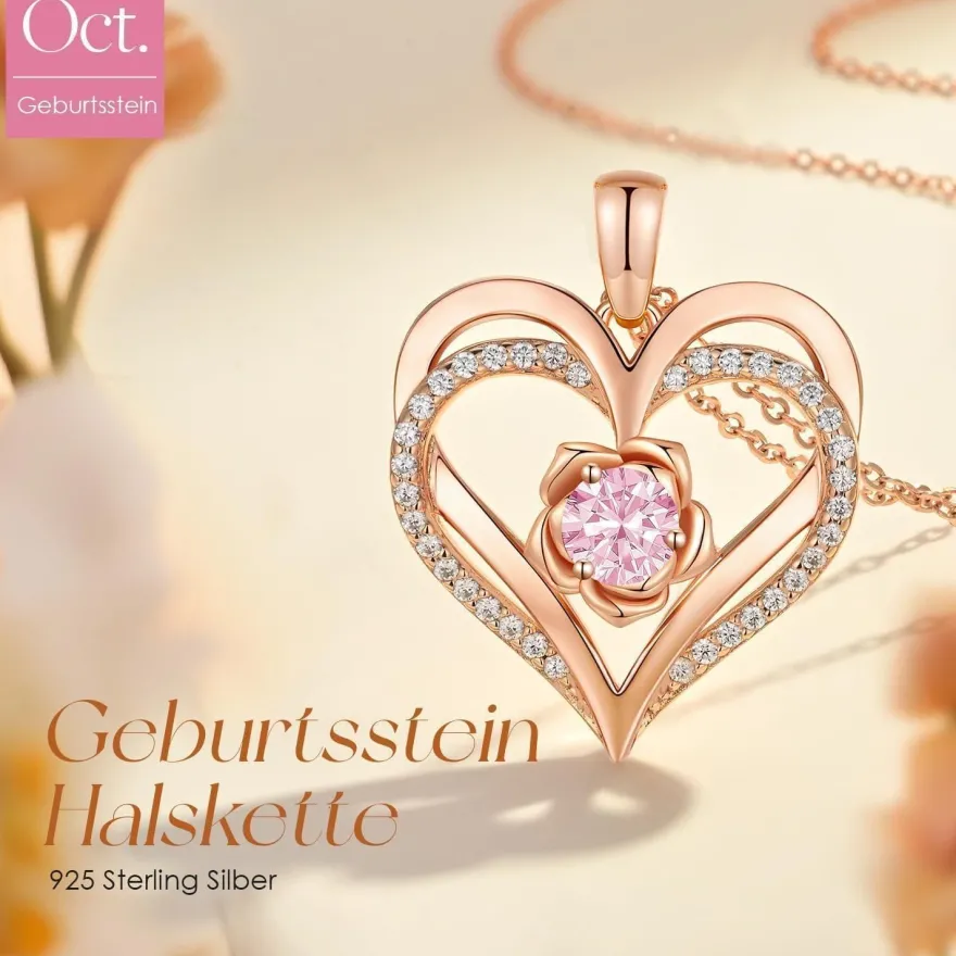 CDE Damen Halskette Rosegold Herz Sterling Silber 925 mit Geburtsstein, Schmuck
