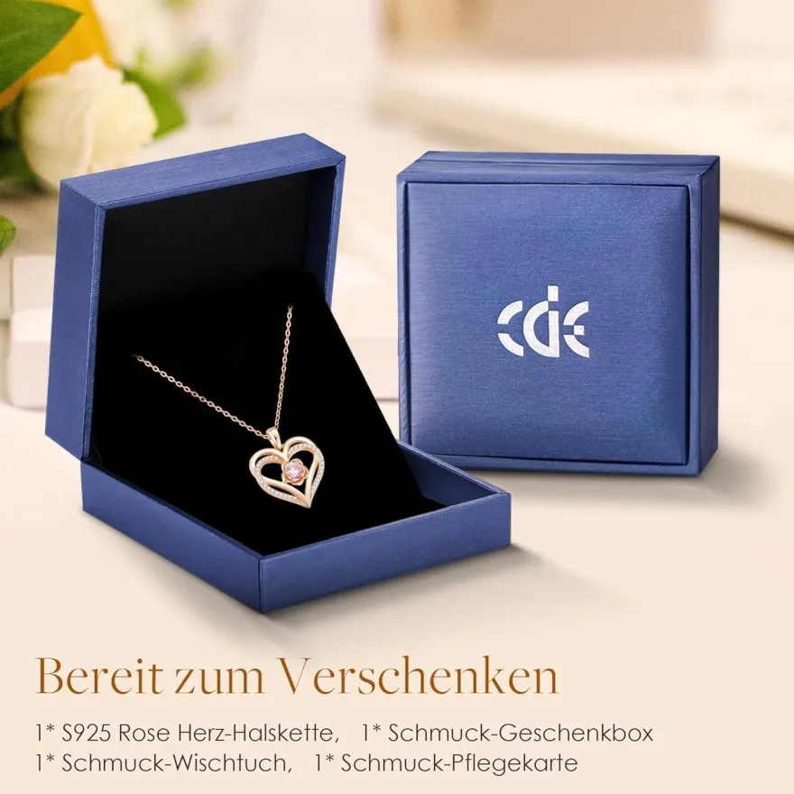 CDE Damen Halskette Rosegold Herz Sterling Silber 925 mit Geburtsstein, Schmuck