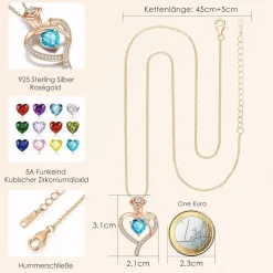 CDE Halskette Damen Rosegold Herz Kette Sterling Silber 925 mit Geburtsstein