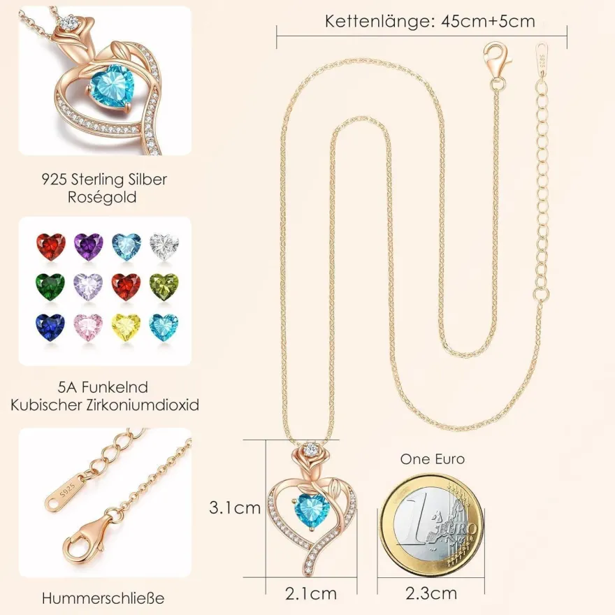 CDE Halskette Damen Rosegold Herz Kette Sterling Silber 925 mit Geburtsstein