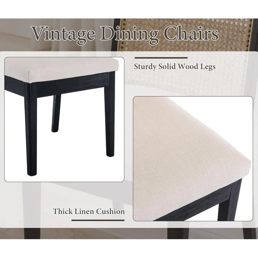 chairus 4er Set Esszimmerstühle aus Holz mit Leinen und Rattan Rückenlehne