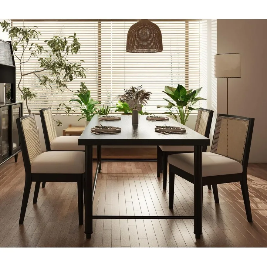 chairus 4er Set Esszimmerstühle aus Holz mit Leinen und Rattan Rückenlehne