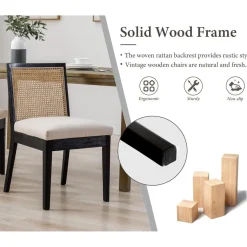 chairus 4er Set Esszimmerstühle aus Holz mit Leinen und Rattan Rückenlehne