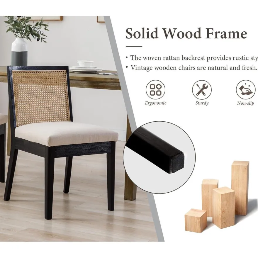 chairus 4er Set Esszimmerstühle aus Holz mit Leinen und Rattan Rückenlehne