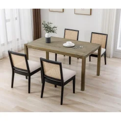chairus 4er Set Esszimmerstühle aus Holz mit Leinen und Rattan Rückenlehne