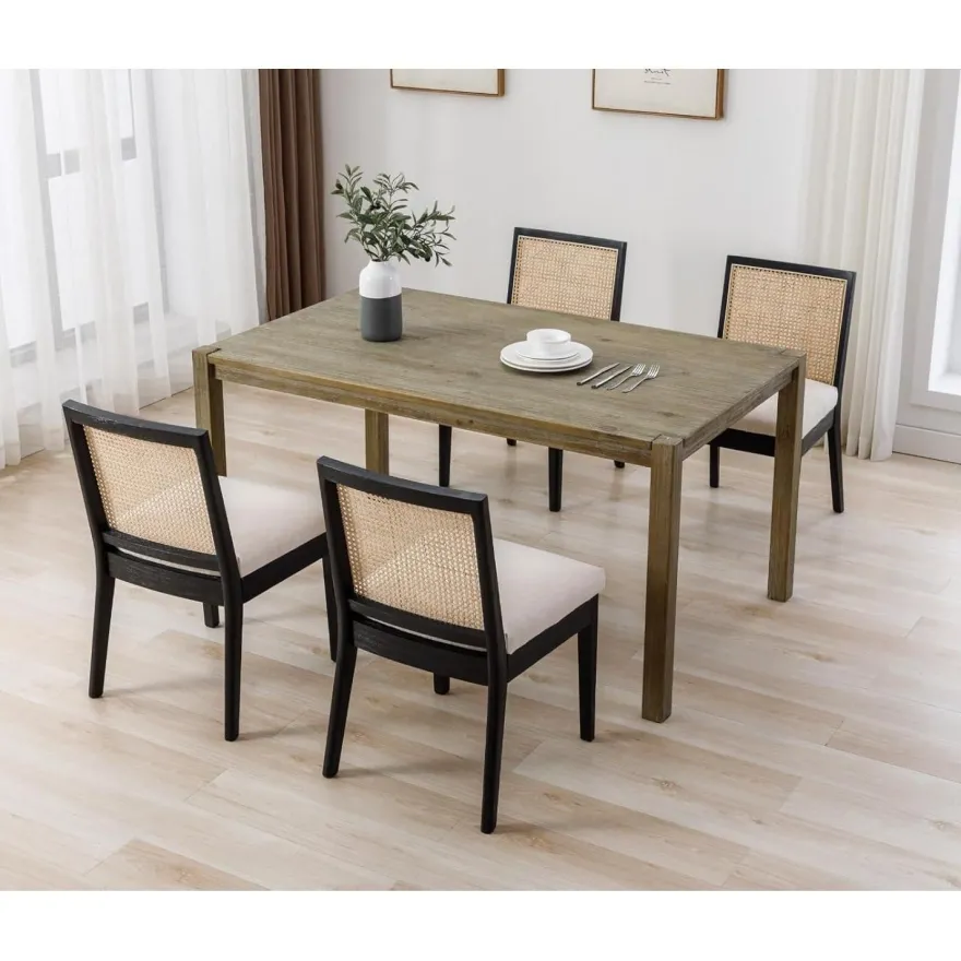 chairus 4er Set Esszimmerstühle aus Holz mit Leinen und Rattan Rückenlehne