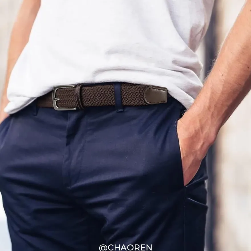 Chaoren Elastischer Stretch Gürtel Herren, 35mm Flechtgürtel ohne Löcher, Braun