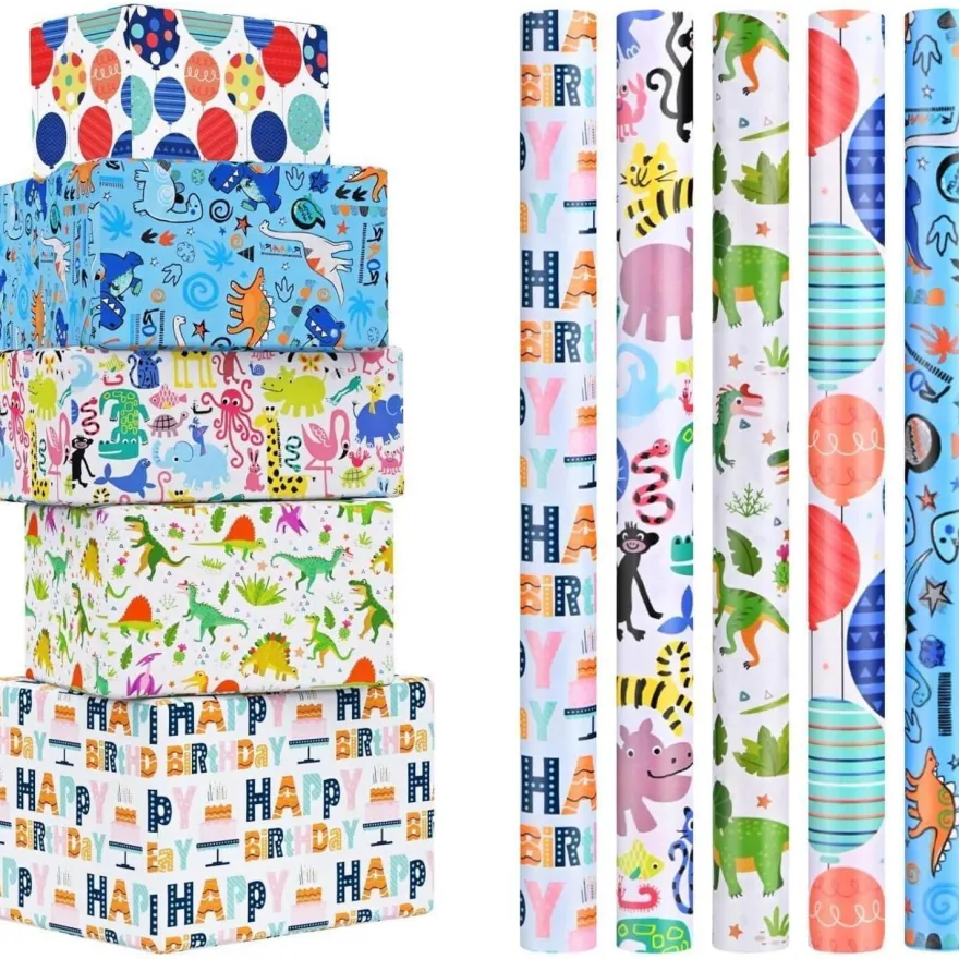 Chepula Geschenkpapier Geburtstag Kinder 5 Rollen (43x300cm) - Recycelbar, für