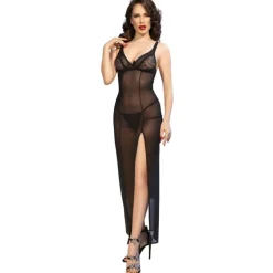 Chilirose langes Babydoll mit Tanga schwarz