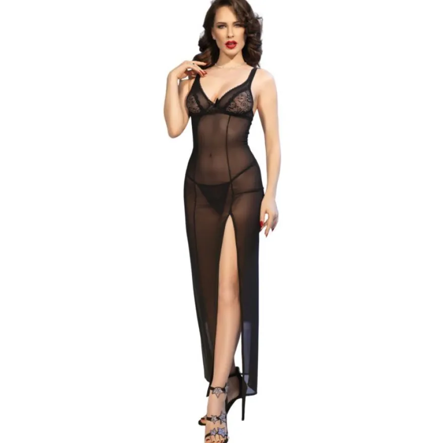 Chilirose langes Babydoll mit Tanga schwarz