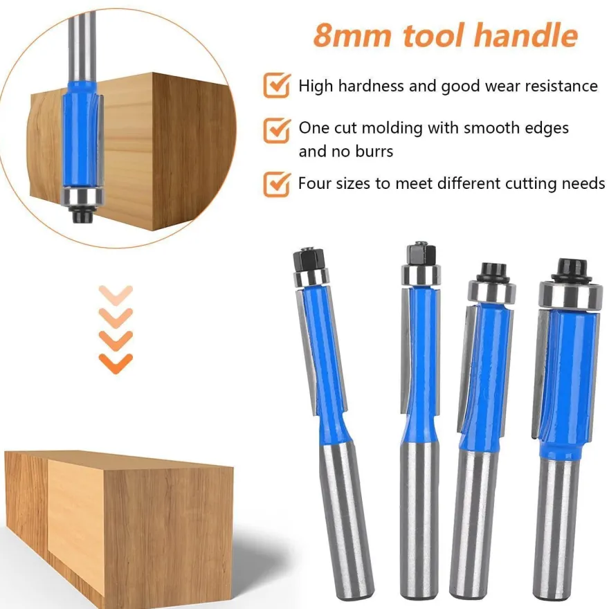 Choonjin 4 Stück Bündigfräser Set 8mm Schaft mit Lagern für Holzbearbeitung