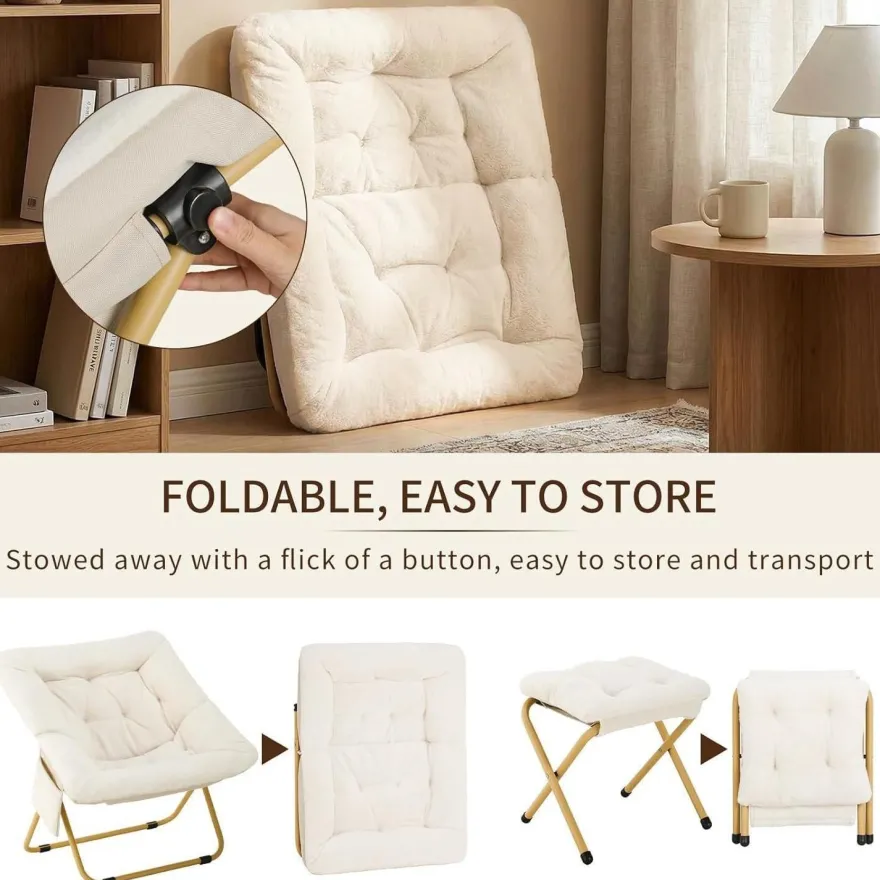 Clevich Relaxsessel mit Hocker, skandinavisch, Kunstfell, klappbar, beige