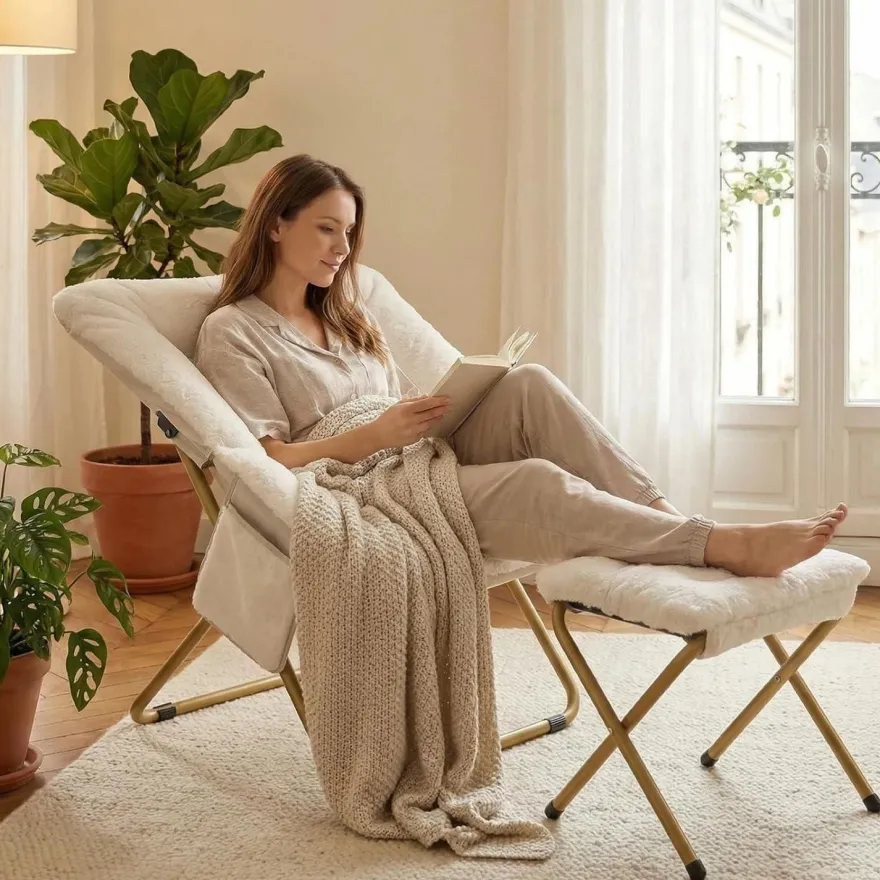 Clevich Relaxsessel mit Hocker, skandinavisch, Kunstfell, klappbar, beige