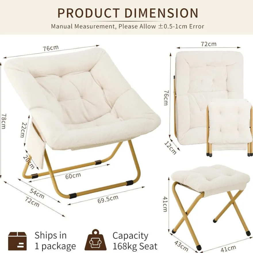 Clevich Relaxsessel mit Hocker, skandinavisch, Kunstfell, klappbar, beige