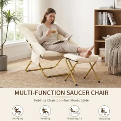 Clevich Relaxsessel mit Hocker, skandinavisch, Kunstfell, klappbar, beige