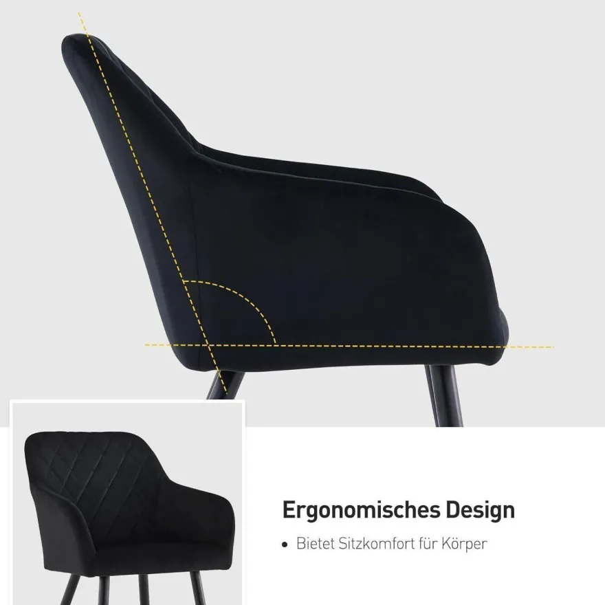 CLIPOP Esszimmerstühle 6er Set Samt Bezug Schwarz Metallbeine Armlehne