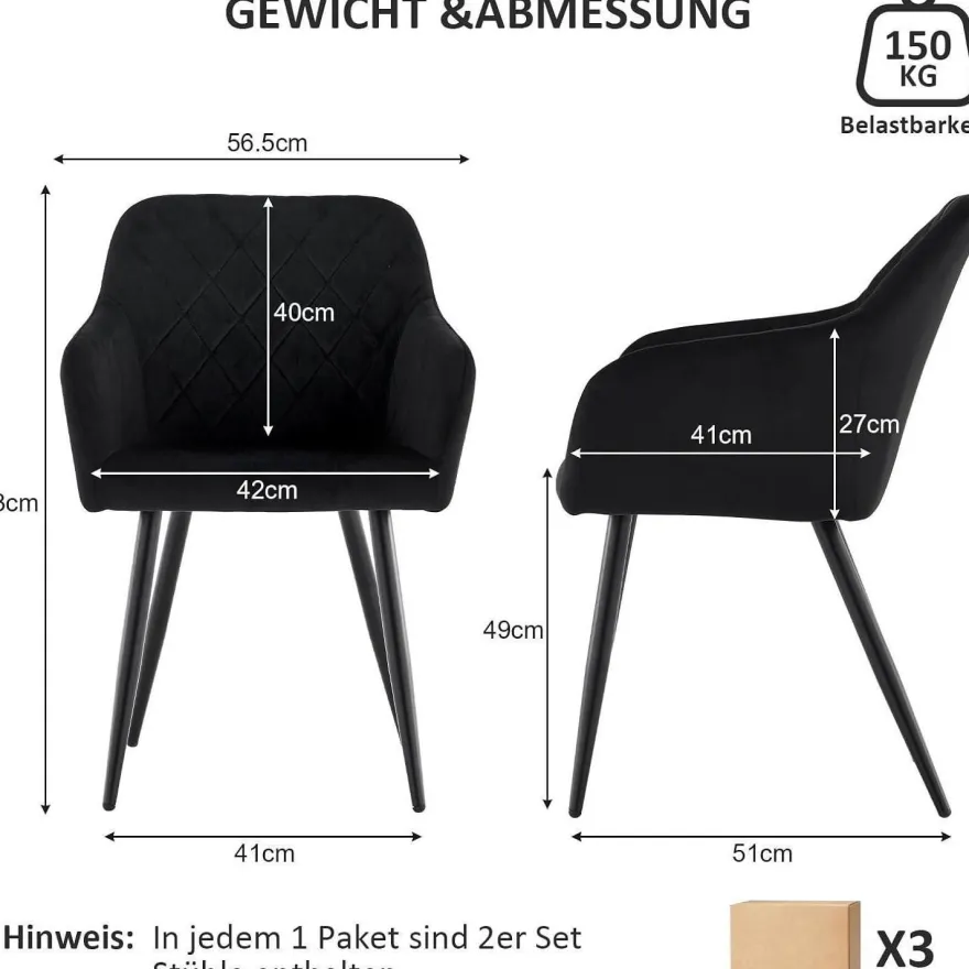 CLIPOP Esszimmerstühle 6er Set Samt Bezug Schwarz Metallbeine Armlehne