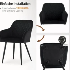CLIPOP Esszimmerstühle 6er Set Samt Bezug Schwarz Metallbeine Armlehne