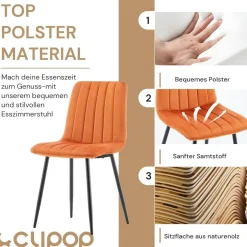 CLIPOP Esszimmerstühle 2er Set, Samt Gepolsterte Küchenstühle mit Metallbeinen