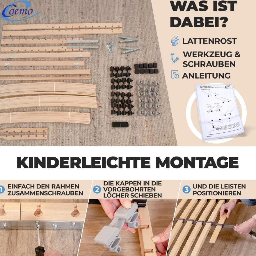 Coemo 2x Lattenrost ERGO K 90x200 cm 7-Zonen Kopfteil verstellbar - Doppelpack
