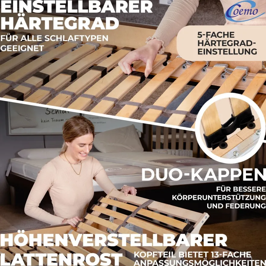 Coemo 2x Lattenrost ERGO K 90x200 cm 7-Zonen Kopfteil verstellbar - Doppelpack
