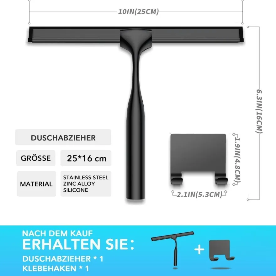 Coftclmomt 25cm Edelstahl Duschabzieher mit selbstklebendem Haken, Schwarz, für