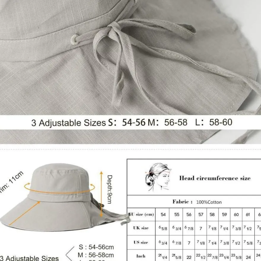 Comhats Damen Sonnenhut mit Nackenschutz, UPF 50, breite Krempe, Baumwolle, Grau