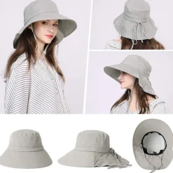 Comhats Damen Sonnenhut mit Nackenschutz, UPF 50, breite Krempe, Baumwolle, Grau