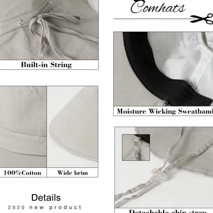 Comhats Damen Sonnenhut mit Nackenschutz, UPF 50, breite Krempe, Baumwolle, Grau