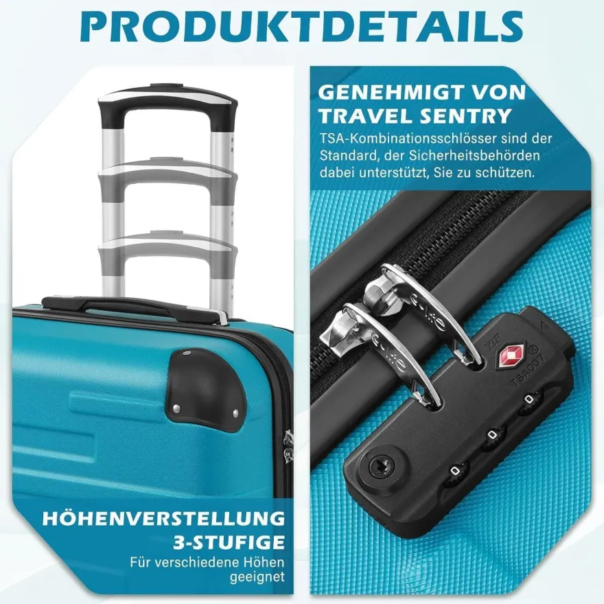 Coolife Hartschalen-Koffer Rollkoffer Reisekoffer ABS TSA 4 Rollen Rot Set-2tlg