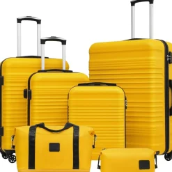 Coolife Koffer-Set 6tlg ABS Hartschale Reisekoffer 4 Rollen TSA Gelb/Schwarz