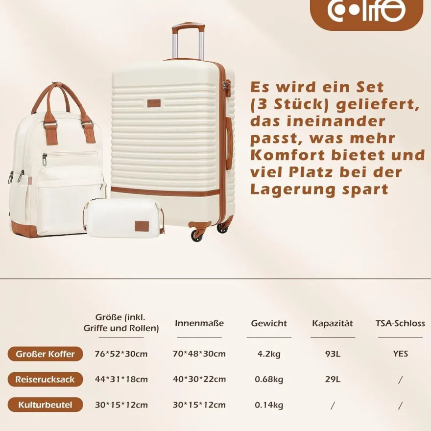 Coolife Koffer Trolley ABS Hartschale 4 Rollen TSA-Schloss 3tlg Grau/Rosa